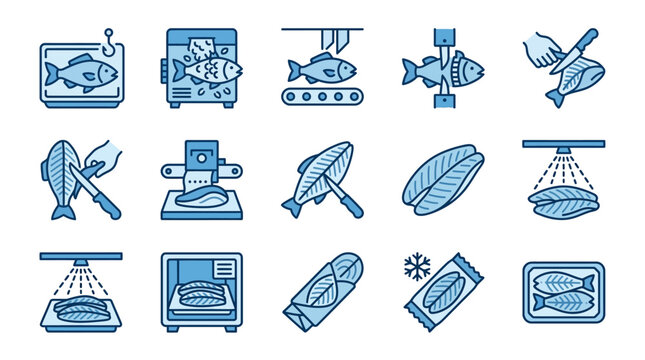 Seafood processing and industrial packaging line icons.