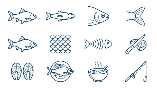 Seafood processing and culinary fish preparation blue icons.