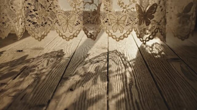 Butterfly lace curtain shadows on rustic wooden floor.