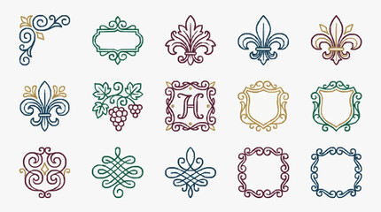 Clean Elegant Ornamental Designs Collection with Floral Fleurs de lis and Geometric Patterns in Gold Green Blue and Brown © Inik