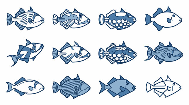 Stylized tropical fish and marine life line icons.