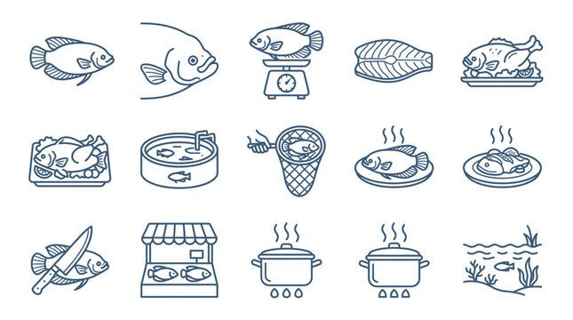 Tilapia and carp fish cooking and market line icons.