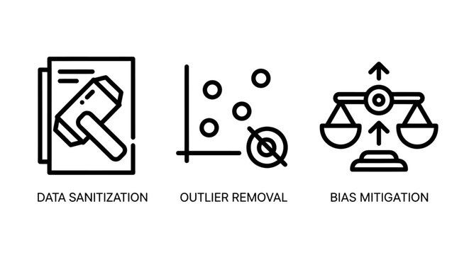 Data management and analytics icons showing data sanitization outlier removal and bias mitigation concepts with analytics sanitization mitigation statistics research management cleaning