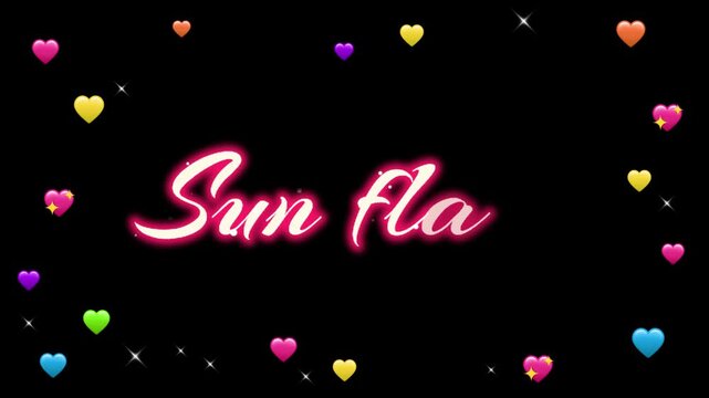 Sun fla text appears in a neon glowing font style surrounded by small colorful heart icons on a dark black background to create a festive and romantic aesthetic for digital social media content.