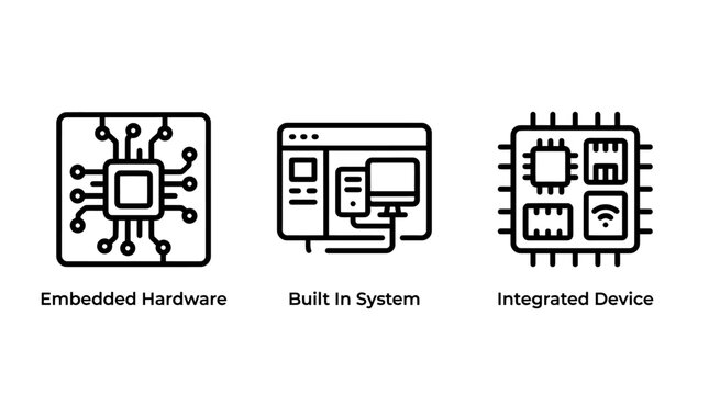 Electronics and computing icons representing embedded hardware built in systems and integrated devices with hardware embedded integrated electronics computing technology processor engineering