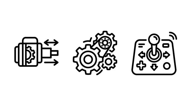 Set of three linear icons representing mechanical engine gear system gaming control joystick mechanics technology industrial automation engineering settings transmission