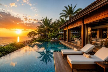 Fototapeta premium Luxury Tropical Resort Villa with Infinity Pool at Sunset
