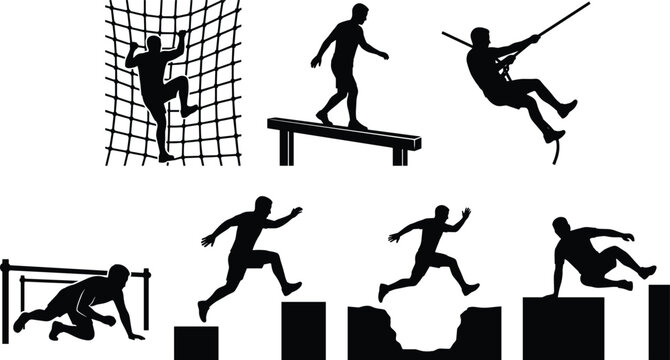 Obstacle Course Silhouette Collection with Climbing Jumping Crawling Balancing and Rope Challenge Activities