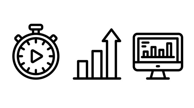 Business performance monitoring icon set with stopwatch bar graph data analytics dashboard analytics business performance monitoring dashboard stopwatch development marketing statistics