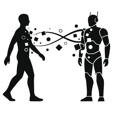 Human Silhouette Transforming into Robot, Cybernetic Evolution, AI Transhumanism, Future Technology, Digital Transmutation Vector Icon