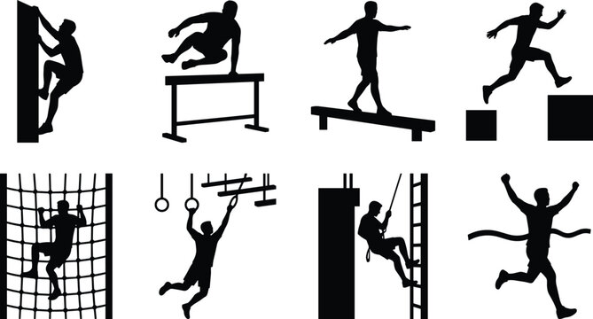 Obstacle Course Training Silhouette Set with Climbing Balance Jumping and Rope Challenge Exercises