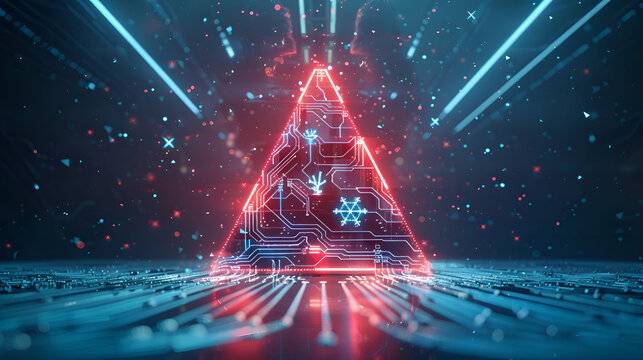 Futuristic red neon triangle with digital circuitry and glowing symbols