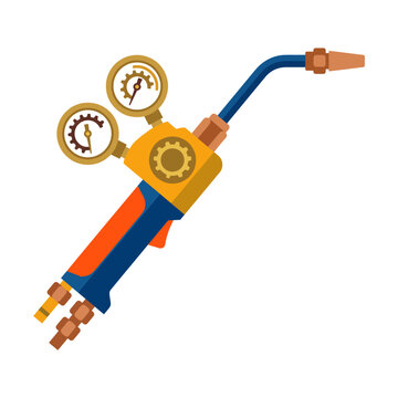 Industrial gas welding torch with pressure gauges illustration.