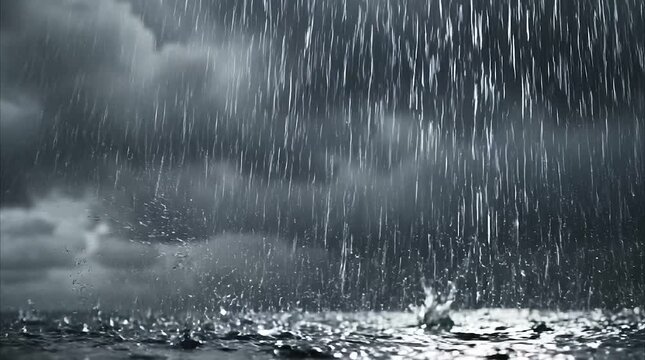 Macro close up of heavy rain drops splashing on ground surface with dramatic water spray and dark stormy atmosphere, representing monsoon season, heavy rainfall, climate, and weather concept