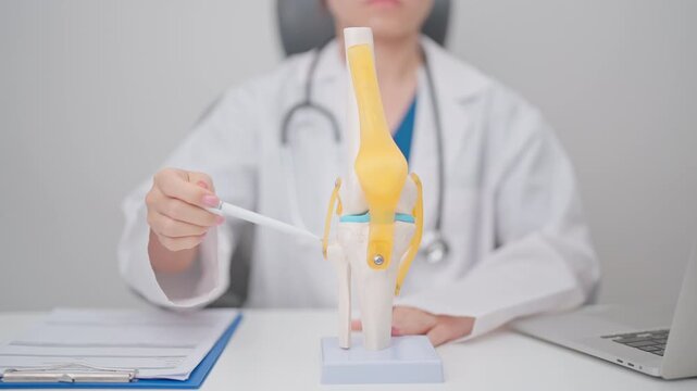 Doctor with Human Knee joint anatomy model. Osteoarthritis, Patellofemoral Pain Syndrome, Patellar Tendinitis, ACL, Anterior Cruciate Ligament, PCL, Posterior, MCL, Medial Collateral, LCL and Lateral