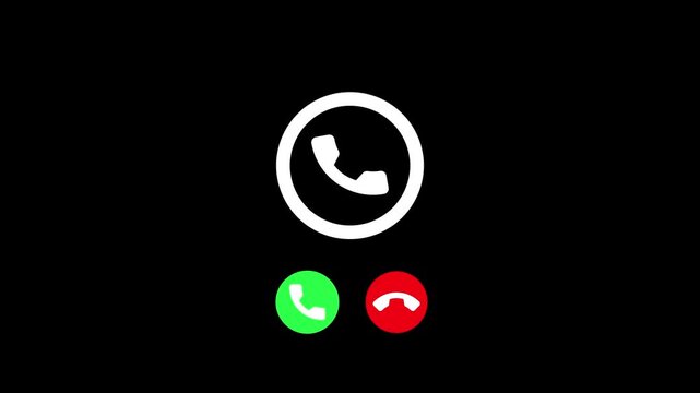 Circular telephone call interface icon animation. Phone customer service receiver symbol with accept decline dots on dark background.
