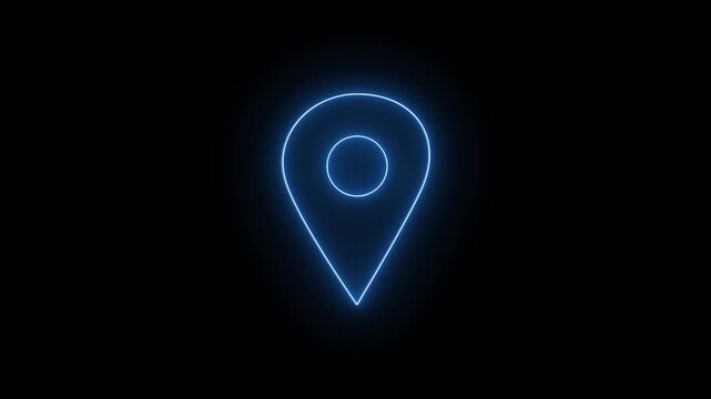 Glowing blue neon map pin location icon animation. Abstract line art GPS position pointer navigation map marker on black background & 4k video.