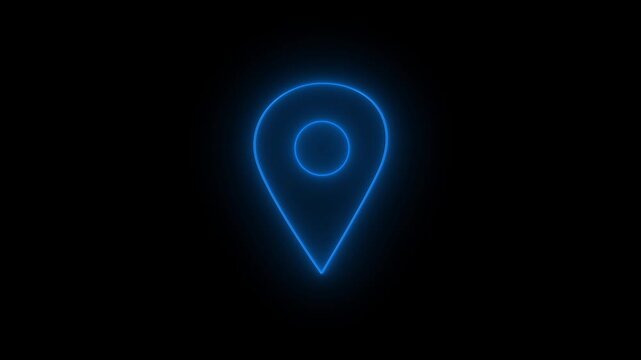 Glowing blue neon map location pin outline animation. Abstract line art travel destination or black background.
