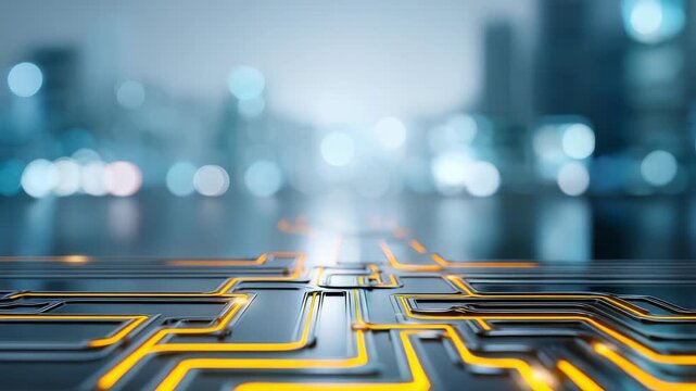 A high tech circuit board with illuminated orange pathways symbolizes connectivity and digital transformation in a blurred urban environment. Ideal for technology, AI, and innovation themes