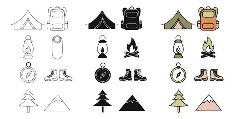 Camping icons collection with tent backpack lantern and outdoor equipment in various styles © Sadhin07