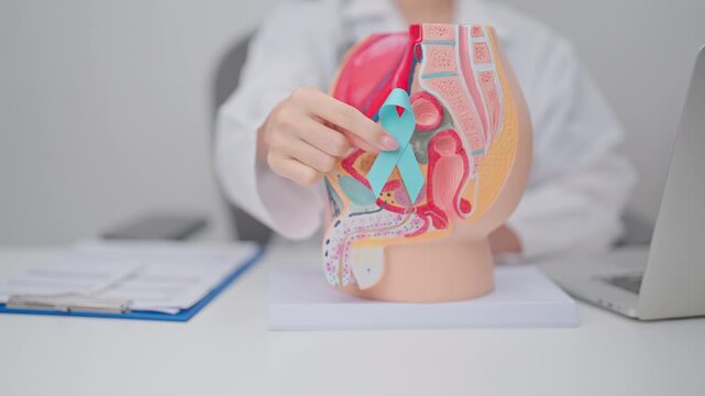 Doctor with Male Reproductive System anatomy model and Blue ribbon. November Prostate Cancer awareness month, Enlarged prostate, Prostatitis disease, Male Infertility and healthcare concept
