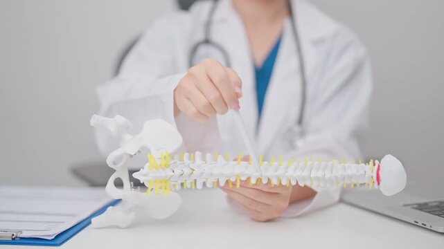 Doctor with human Spine anatomy model. Spinal Cord Disorder and disease, Back pain, Lumbar, Sacral pelvis, Cervical neck, Thoracic, Coccyx, Orthopedist, chiropractic, Office Syndrome and health