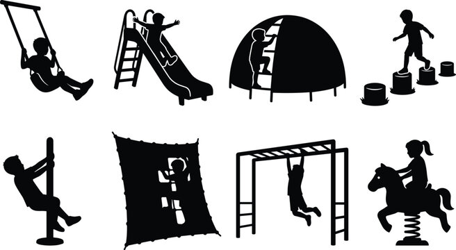 Children Playground Activity Silhouette Vector Bundle Featuring Swing Slide Climbing Monkey Bars and Outdoor Play Equipment
