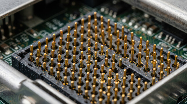 Close up of computer processor socket with many pins.