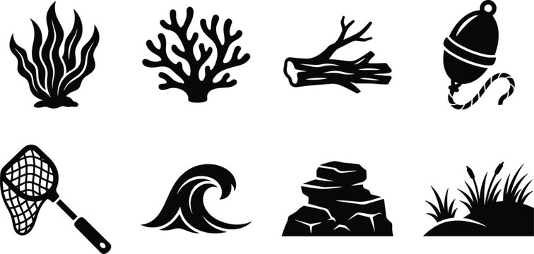 Fishing and Aquatic Nature Silhouette Collection Featuring Seaweed Coral Driftwood Net Wave Rocks and Bobber Icons
