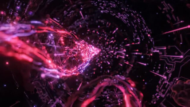 Futuristic abstract tunnel with glowing pink and purple digital circuit energy, dynamic motion, technology background, infinity symbol, neural networks, mesmerizing visual effect, artificial