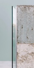 Fototapeta premium Polished concrete column fragment with a glass panel for architectural material mood boards, presenting a clean urban design asset with copy space