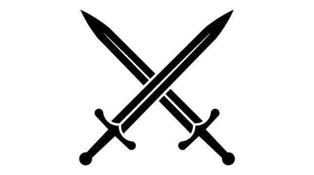 Two sharp steel broadswords crossed in an X shape against a plain white background in a clean, high-contrast composition.