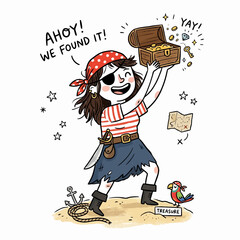 Happy girl pirate holding open treasure chest filled with gold coins.