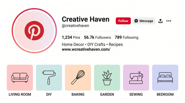 Pinterest profile mockup social media interface template with creative profile statistics and category icons layout for home decor diy crafts baking garden sewing bedroom ui web mobile design