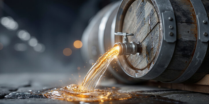Colorful closeup of luminous amber fluid cascading onto moist stones with textured wooden backdrop