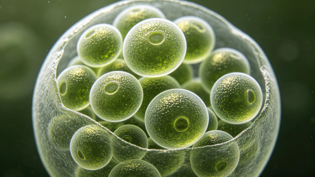Phase-contrast micrograph of daughter colonies within a mother colony of *Volvox aureus* (a multicellular green alga); live freshwater sample.