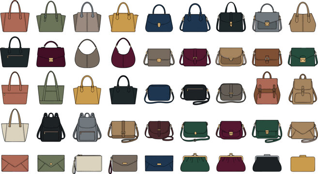 Women designer handbag and fashion purse flat vector illustration set featuring tote bags shoulder crossbodies leather backpacks clutches and pouches (22 words)
