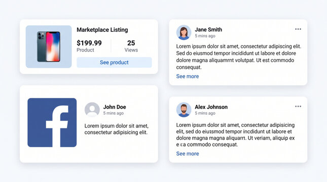 Facebook mockup social media template with Facebook feed UI cards, marketplace listing mobile app screen, user profile posts interface, social network vector elements layout and brand logo icon