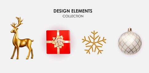 Golden reindeer red gift snowflake and silver ornament design elements collection on white background ©  SABBIR 