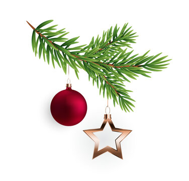 Festive evergreen branch with red ornaments and golden star on a white background