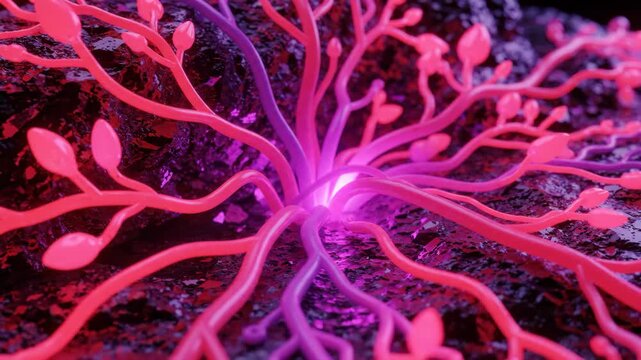 Glowing pink and purple organic tendril and leaf shapes radiate vibrant energy dark textured surface, abstract futuristic neon vein structure with branching lines, surreal art scene with vibrant