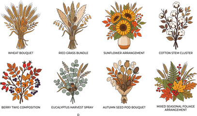 Autumn floral bouquets collection featuring labeled vector illustrations of wheat sunflower cotton eucalyptus and harvest foliage sprays © MstLata