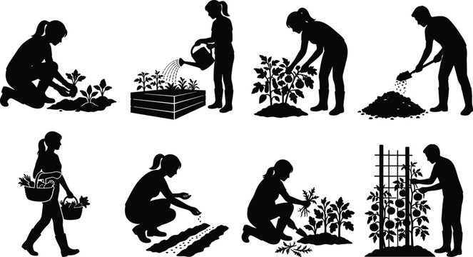 Vegetable Gardening Silhouette Collection with Planting Watering Weeding Harvesting and Garden Care Activities