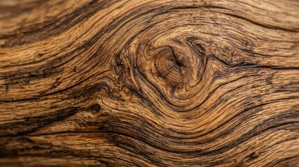 Fototapeta premium A close-up shot of a weathered, dark wood surface. The wood exhibits intricate swirling patterns and a rich, warm brown color.