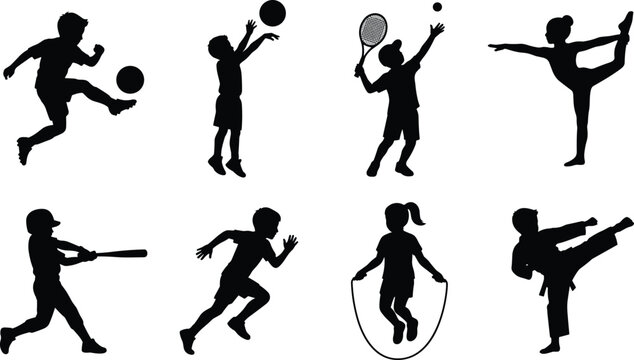 Kids Sports Activity Silhouette Collection Featuring Soccer Tennis Baseball Running Jump Rope Yoga and Martial Arts Poses