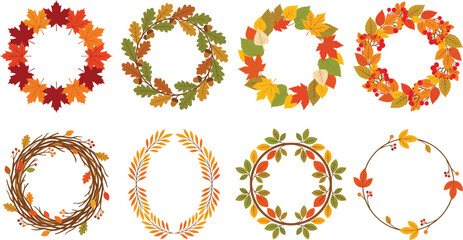 Autumn wreaths collection featuring colorful fall foliage frames with maple oak leaves and berries isolated on white background © MstLata