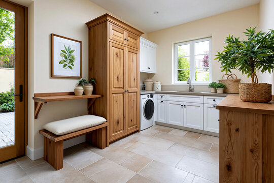 Modern laundry room interior with wooden and white cabinets