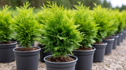 Fototapeta premium Thuja Occidentalis Smaragd plants growing in nursery pots