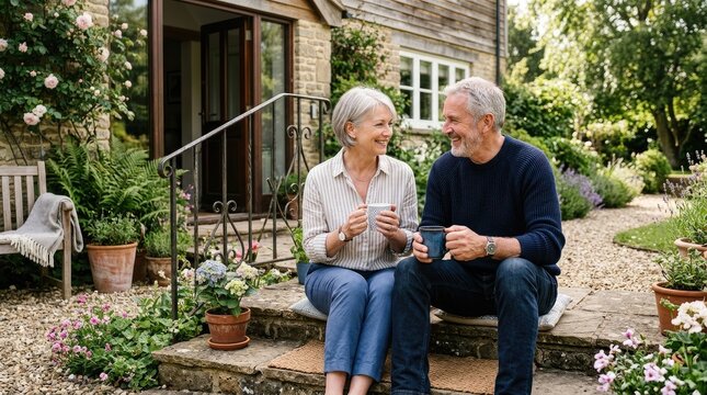 An elderly couple sits on a stone step, enjoying a cup of tea. They are smiling and looking at each other with affection.
