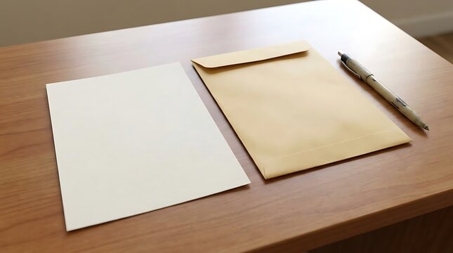 Blank paper and envelope with pen on wooden desk surface for correspondence